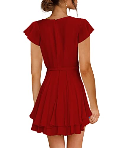 FLYBONY WOMENS SHORT SLEEVE V NECK DRESS TIE WAIST RUFFLE MINI SWING SKATER DRESSES WINE RED