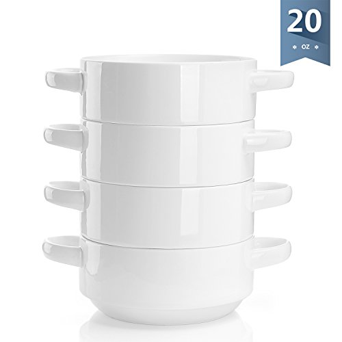 Sweese 1305 Porcelain Bowls with Handles - 20 Ounce for Soup, Cereal, Stew, Chill, Set of 4, White