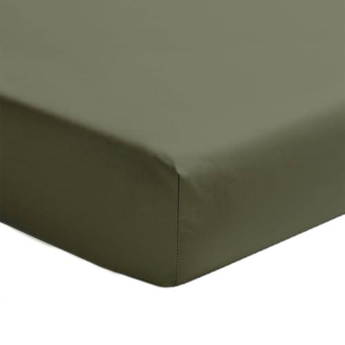 ESSIX - Plain Cotton Percale Fitted Sheet, 30 cm Corner, Premiere, 200 x 200 cm, Jungle Green