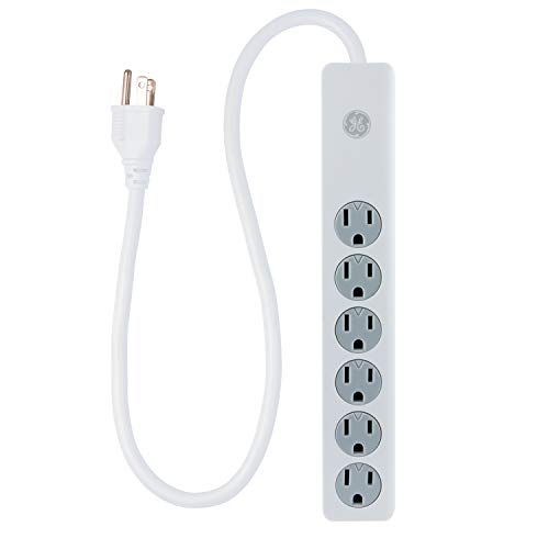GE Power Strip Surge Protector,6 Outlets, 2 Ft Power Cord, Twist to Close Safety Outlets, Integrated Circuit Breaker, Automatic Shutdown Technology, 450 Joules, UL Listed, White, 33656