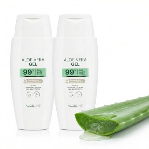ALOE Line Bio Aloe Vera Gel 99%, vegan, After-Sun-Pflege für Haut und Haar, 2 x 150 ml, feuchtigkeitsspendend, beruhigend, regenerierend, ohne Duft- u