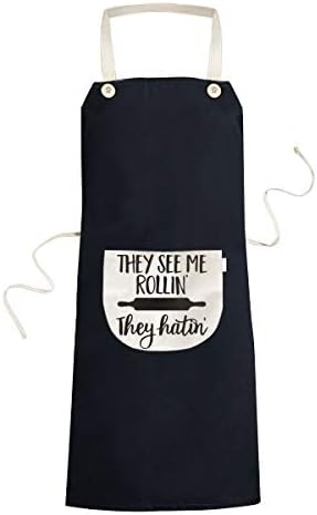 They See Me Rollin' They Hatin' Rolling Pin Creative Motivation Encouragement Quotes Cooking Kitchen Black Bib Aprons with Pocket for Women Men Chef Gifts