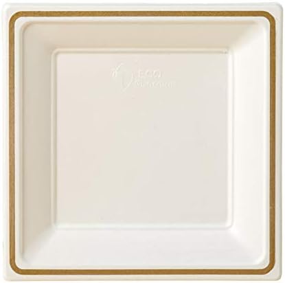 Compostable Printed Rim Plates, 9 Inch, Square Shaped, White with Gold, 64 Pack