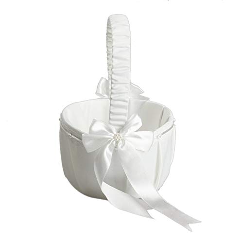 White Ivory Bow Wedding Blower Basket Ceremony Festive Party Love Case Satin Flower Girl Basket - Thumbnail 2