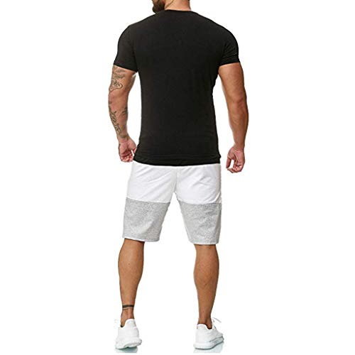 Mens 2 Piece Outfit Sport Thin Set Spring Summer Casual Short Sleeve Color Block Tops + Short Pants Tracksuit (Black, M)