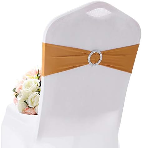 10PCS Chair Sashes Spandex Bow Chair Bands with Buckle Slider Sashes for Wedding Banquet Party Event Decoration (Gold)
