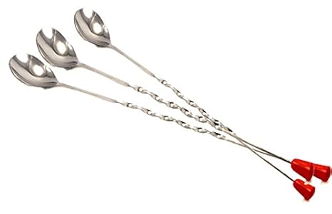King International 100% Stainless Steel Bar Tool | Bar Accessories | 11 inches Curvy Design with red knob bar Cocktail Spoon | Bar Spoon | Long Spoon | Cocktail Mixer | Set of 3 Pieces
