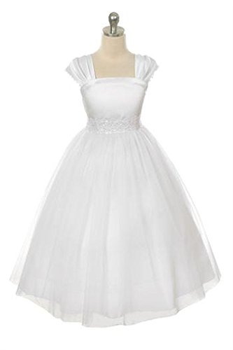 This Flower Girl Communion Dress for Girls - Cap Sleeves and Satin Tulle Skirt with Elegant Lace Trim Made in USA