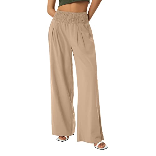 KICILVS Wide Leg Linen Pants for Women High Waisted Palazzo Pant Flowy Summer Beach Pants with Pockets Loose Fit Trousers Beige