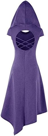 Womens Halloween Dress Hoodie Criss Cross Medieval Cosplay Asymmetrical Midi Dresses with Hat