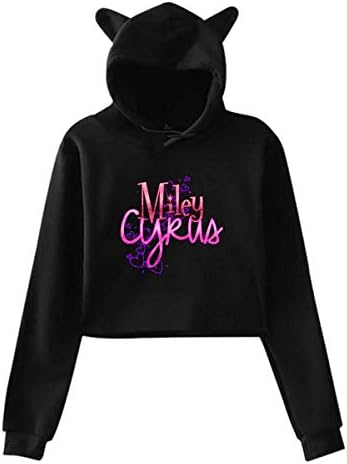 Miley Cyrus,Printing Long Sleeve Crop Top Cat Ear Sweatshirts Black Women's
