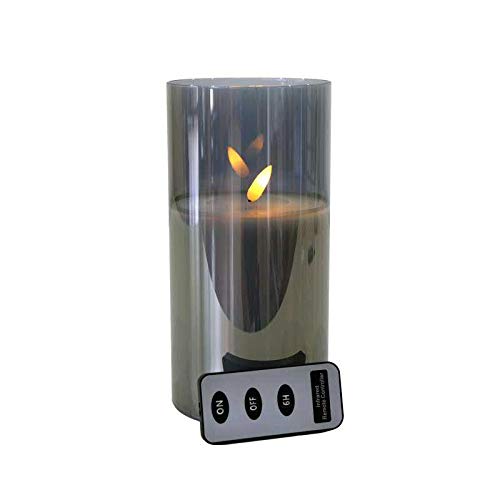 LED Candle in Glass with Remote Control and Timer, Diameter 10 cm, Realistic and Flickering Flame, Christmas Decoration (Grey, Large: 20 cm)