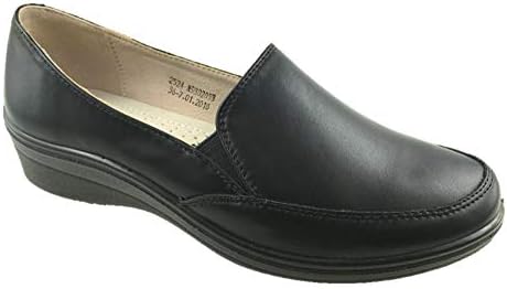 Health Shoes Ladies Soft Faux Leather Slip On Low Wedge Comfort Leather Insole Black Size 3-8
