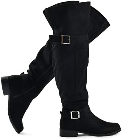 Women's Isabel Over The Knee Pull On Zip Up Riding Boots - Low Stacked Comfort Heel - Faux Suede Knee High Flat Boot