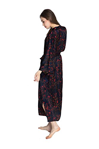 Old Shanghai Women's Kimono Robe Long - Watercolor Floral, Yurina- Navy - Thumbnail 4