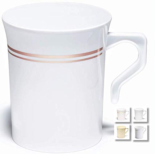 " OCCASIONS" 120 Mugs Pack, Heavyweight Disposable Wedding Party Plastic 8 oz Coffee Mugs Rose Gold Trim/Tea Cups/Cappuccino Cups/Espresso Cup with Handles (8 oz Mugs, White & Rose Gold Rim)