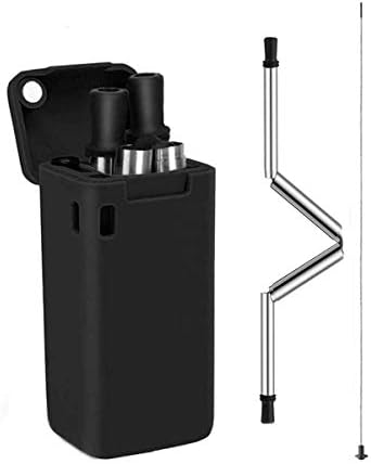 Collapsible Straw, Stainless Steel Reusable Drinking Folding Straws Foldable Drinking Straws Food-Grade Portable Set with Hard Case Holder Cleaning Brush for Travel, Household, Outdoor (Black)