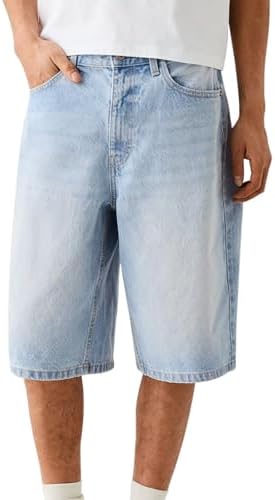 Pivanzore Mens Loose Denim Shorts Baggy Casual Wide Leg Mid Jean