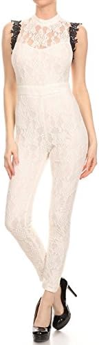 Banjul Lace, Sleeveless Jumpsuit in a Body-Con Style with an Open Back and a Crew Neck (Medium, White)