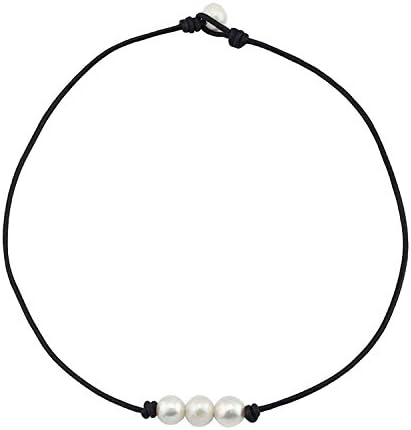 Freshwater Pearl Leather Rope Necklace for Women 3 Bead Necklace Handmade 18"