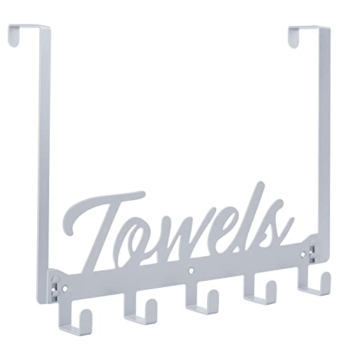 Photo 1 of Azmoncy Over The Door Hooks, Towel Rack for Bathroom Towel Holder for Hanging Heavy Duty, Over Door Towel Hanger with 5 Coat Hooks for Bedroom Bathroom Kitchen Towels, Silver