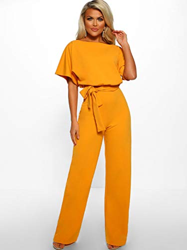 Romose Mono Pantalones para Mujer De Pierna Ancha Elegante Manga Corta  Cinturón Jumpsuit Playsuit De Fiesta Noche Cóctel… | GEBZA Shopping