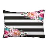 Emvency Decorative Throw Pillow Cover Queen Size 20x30 Inches Trendy Pink Watercolor Floral Black White Stripe Outdoor Pillowcase with Hidden Zipper Decor Cushion Gift for Holiday Sofa Bed