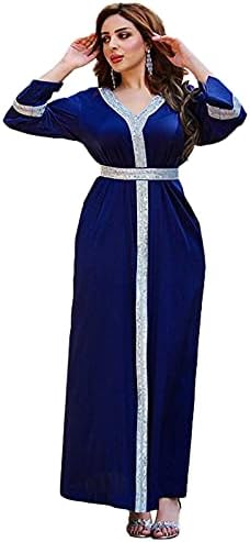 Satin Maxi Dress For Women Turkey Arabic Diamond V Neck Long Sleeve  Jalabiya Muslim Islamic Ethnic Abaya,Blue,L price in UAE | Amazon UAE |  kanbkam