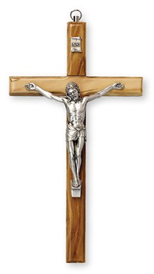 16cm High Olive Wood Wall Hanging Crucifix Cross with Silver Metal Corpus 10654