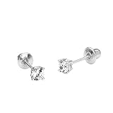 14k White Gold 2mm Basket Round Cubic Zirconia Solitaire Children Screw Back Baby Girls Earrings