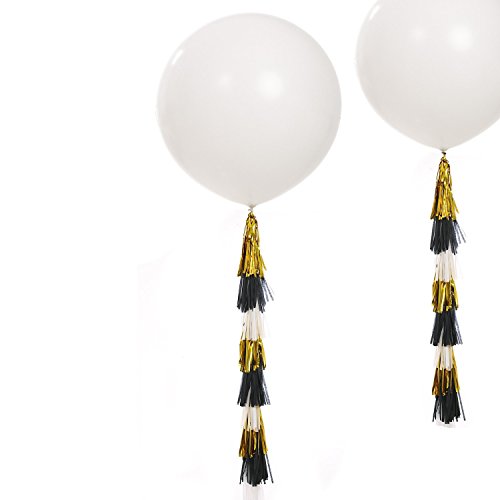 Fonder Mols 18 pcs 36'' Giant White Round Latex Balloons with Multicolor Confetti and Metallic Gold Black White Paper Tassels Decorative Graduation Party Hanging Decor Favor