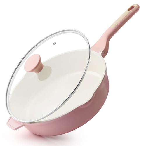 SENSARTE Nonstick Ceramic Skillet with Lid 11-inch, 4.5QT Non Toxic Deep Frying Pan, Saute Pan with Lid, Stay-cool Handle, Healthy Cooking Pot, Induction Compatible, Pink at Amazon