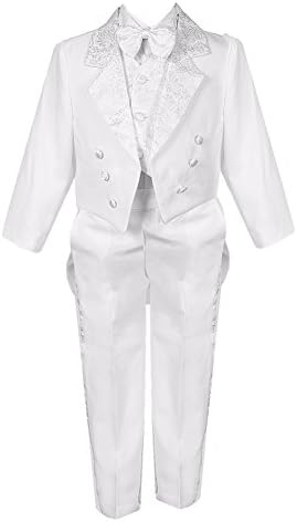 Little Boys White 5 Piece Vest Pants Tail Jacket Jacquard Tuxedo Suit 5
