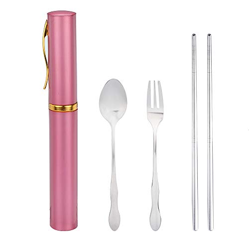 Portable Folding Travel Dinnerware Set Stainless Steel Tableware Camping Tools Reusable Lunch Cutlery Fork Spoon Chopsticks Set (Pink)