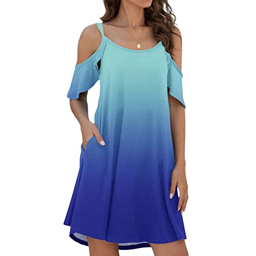 BNisBM Women Summer Casual Spaghetti Strap Sundress Dress Cold Shoulder Ruffle Sleeves Dresses With Pocket