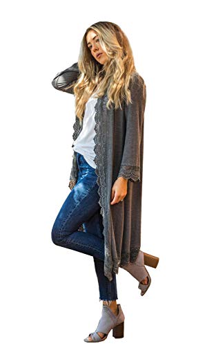 3/4 Sleeve Lace Trim Cardigan (Charcoal, 2X) - Thumbnail 3