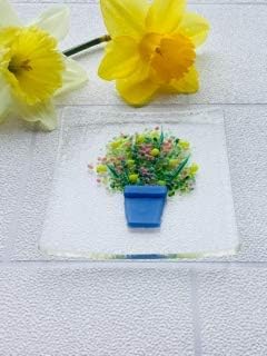 Fused Glass Dish with Plant Pot and Flowers (Blue)