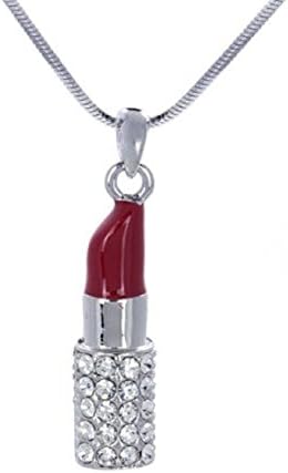 Red Lipstick with Clear Crystal Charm Pendant Necklace