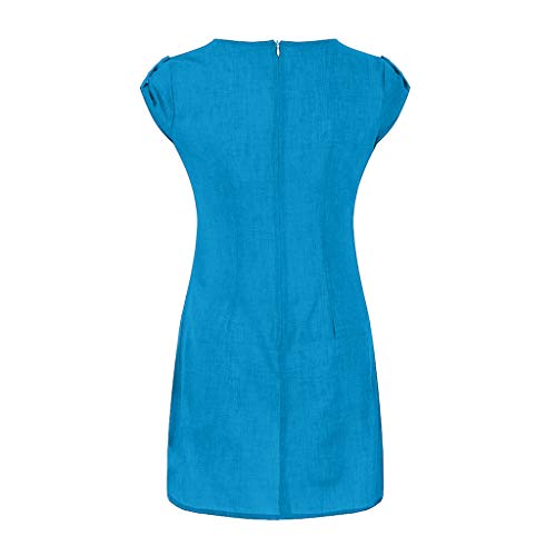 Duseedik Women's Dresses with Pocket Summer Casual Solid Cap Sleeve Dresses Plus Szie Cotton Linen O-Neck Daily Dresses Blue