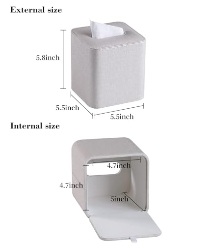 TERRIFI Tissue Box Cover Square, PU Leather Facial Tissue Box Holder - Magnetic Bottom, Rounded Edges, for Dresser Bathroom Decor and Home Decor(Beige)