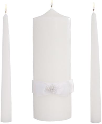 Celebration Candles Wedding Unity Candle Set, 9-inch Pillar Candle with Satin Bow and Pearl Accent and 10- inch Taper Candles, White
