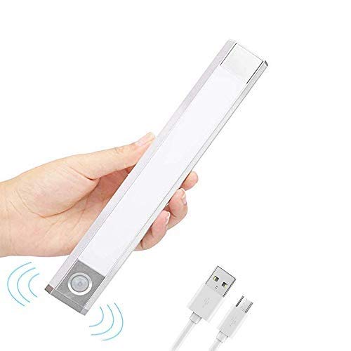 Motion Sensor Wardrobe Light, BESTSUN Under Cabinet Kitchen Lights USB Rechargeable Cupboard Indoor Lighting Upgraded 60LED Wireless PIR Closet Strip Lights with Magnet and Hook