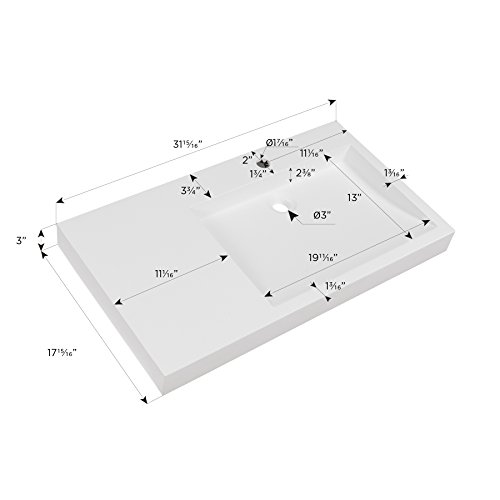 MAYKKE 32" Darby Solid Surface Wall Mount Sink on Left, with Counterspace | Rectangular, Scratch-Resistant, Modern Bathroom Lavatory Sinktop | Matte White, JZA1100120