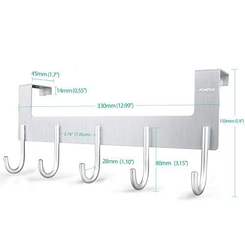 ACMETOP Over The Door Hook Hanger Rack, Heavy Duty Aluminum Organizer for Storage Holder Hanging Hats, Coats, Towels, Clothes, Bags - 5 Hooks, Brush Finish (Silver) - Thumbnail 3