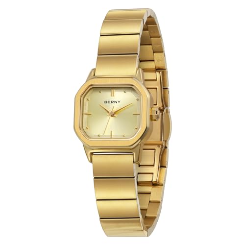 BERNY Gold Watches for Women Dainty Ladies Square Quartz Watch Japanese Quartz Movement 3ATM Waterproof Fashion Small Female Wrist Watch Luxury Birthday Gifts for Lady