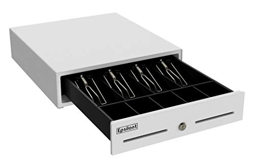 Epsilont Mini Cash Drawer Powder-Coated Steel with Roller Bearings 4 Bills 5 Coins with Double Media Slot 13" by 13" (White)
