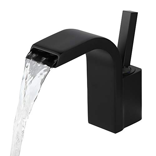 Lovedima Modern Single Joystick Handle Single Hole Solid Brass Waterfall Spout Bathroom Sink Faucet (Black)