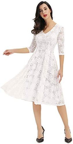 Noctflos Women's 3/4 Sleeves Lace Fit & Flare Midi Cocktail Dress for Women Party Wedding