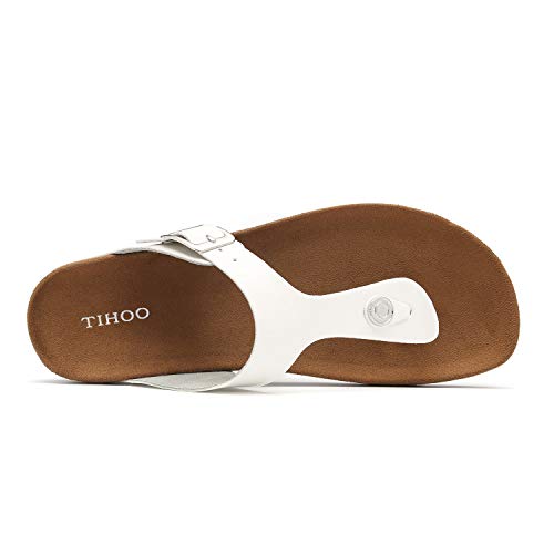 Women's T-Strap Thong Sandals Buckle Slip On Flip-Flops Beach Casual Platform Footbed Slippers (5, White)