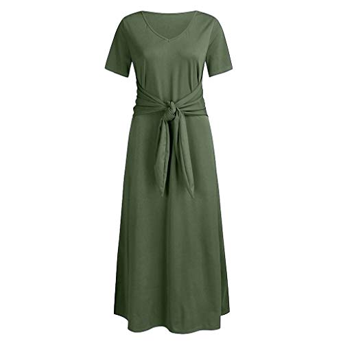 CCOOfhhc Women's Summer Dress Casual Loose Beach Cover Up Long Plain Print Short Sleeve Maxi Dresses with Pocket Army Green
